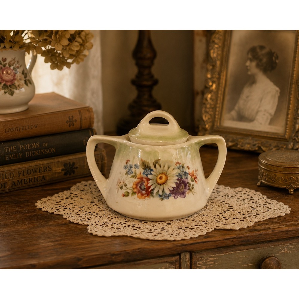 Vintage Bavaria Porcelain Floral Sugar Bowl with Lid Green Ombre German China